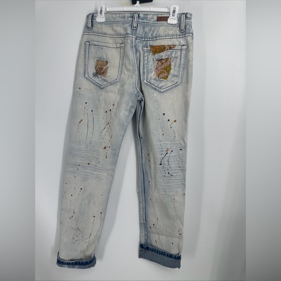 Artsy Upcycled Hippie Jeans Patchwork Painted Rum Woodstock Sz 32 - Picture 3 of 5
